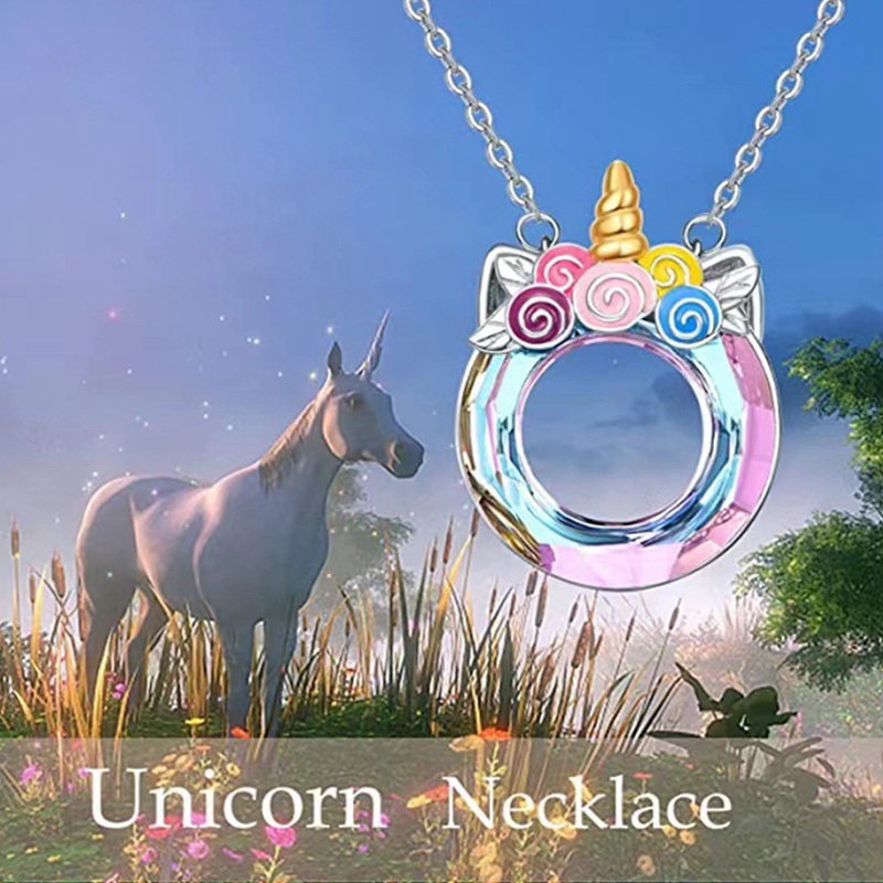 Lucu Kartun Warna-Warni Kristal Unicorn Liontin Kalung Wanita Fashion Pendapatan Perhiasan Hadiah Pesta Ulang Tahun Anniversary