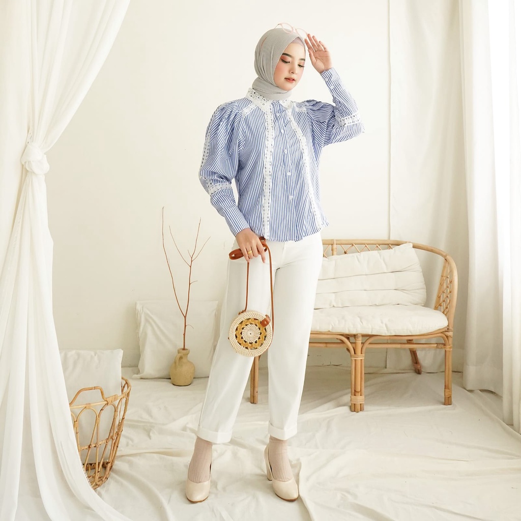 SALE MURAH BLOUSE 2383 3M THREE M TM GIOBERTA PUFF SLEEVE STRIPED SHIRT KOREA KOREAN FASHION HARGA G