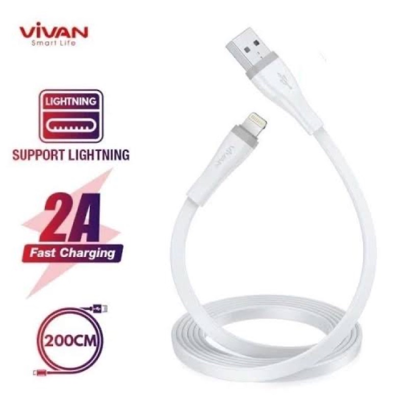 Vivan Flat Kabel Data Lightning 2 meter/1 meter/30cm Support Fast Charging for 6+ 7+ 8+ SE XR XS Max 11 Pro Max