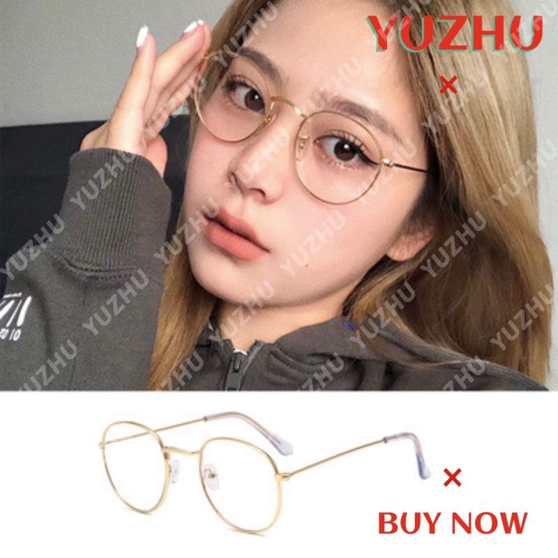 (YUZHU) Korea Fashion Ultra Ringan Dan Ultra Tipis Logam Bingkai Bulat Anti Cahaya Biru Kacamata Wanita