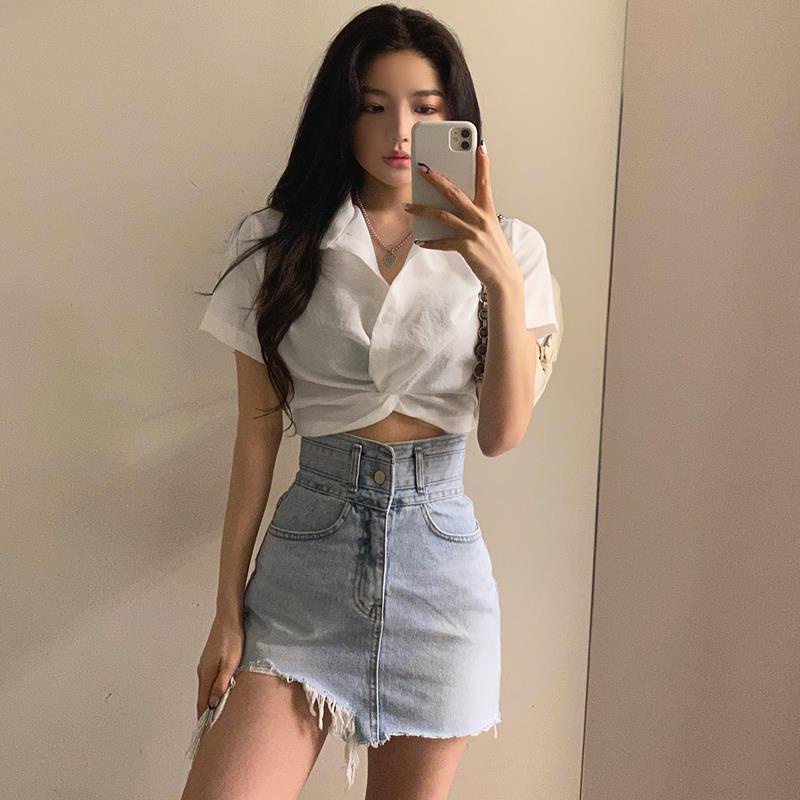 ◕✗Suhao WEEKEEP American retro kink polo kerah kemeja dengan semua pertandingan tombol pendek tinggi pinggang slim fit T-shirt top ins