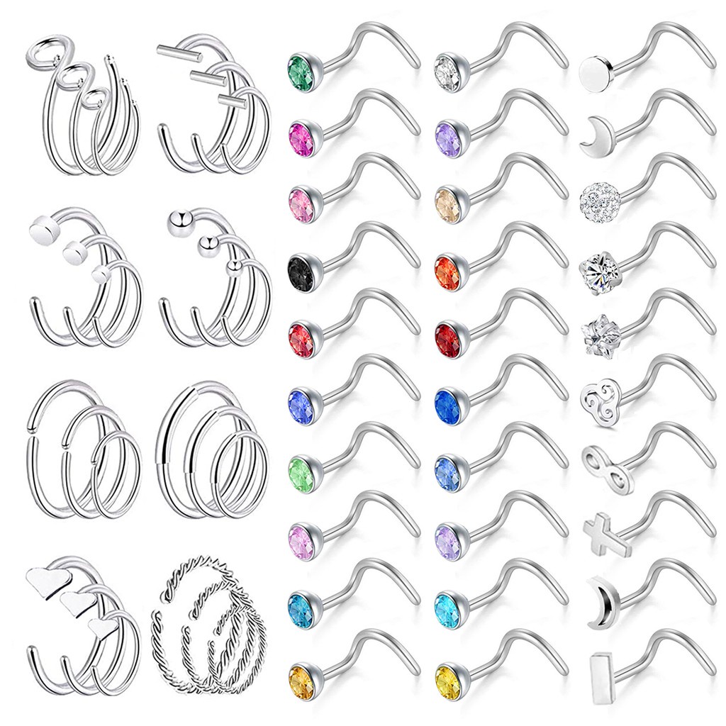 40-60pcs/lot Set Tindik Hidung Kristal Warna Stainless Steel C-Shape Nose Rings L Shape Nose Stud Set 20G Tindik Hidung