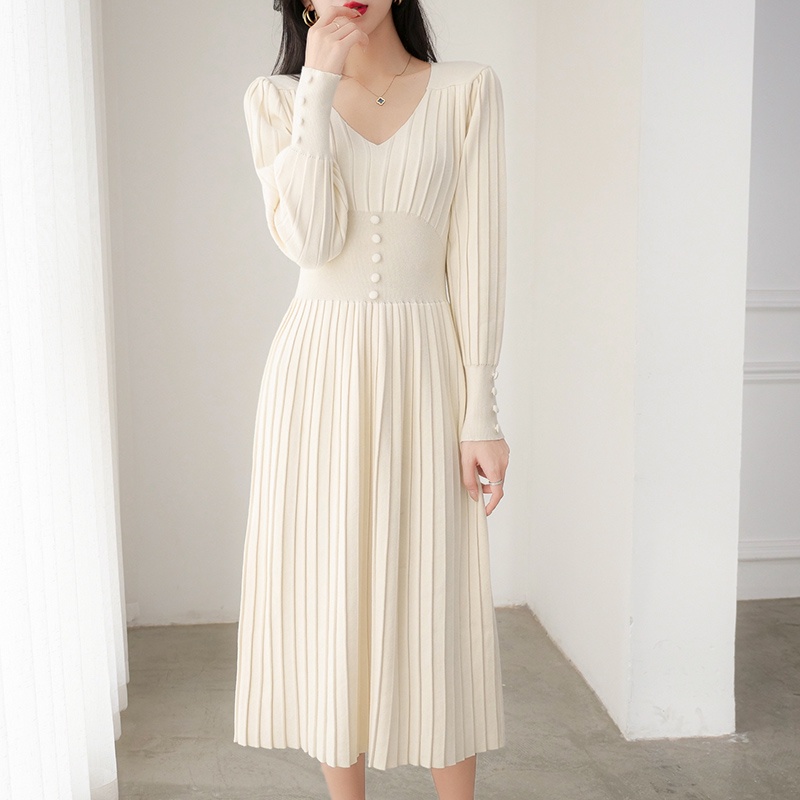 [Premium] V Neck  Long Sleeve Ribbed Stretch Midi Dresses  2355