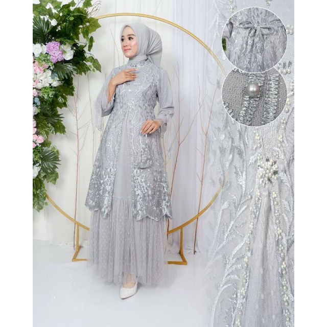 Permata Olshop / Kebaya Gamis Ayudia JN / Gamis Brukat Tulle Modern Terbaru /Kebaya Kondangan /Gamis Pesta Mewah / Gamis Modern / Gamis Payet