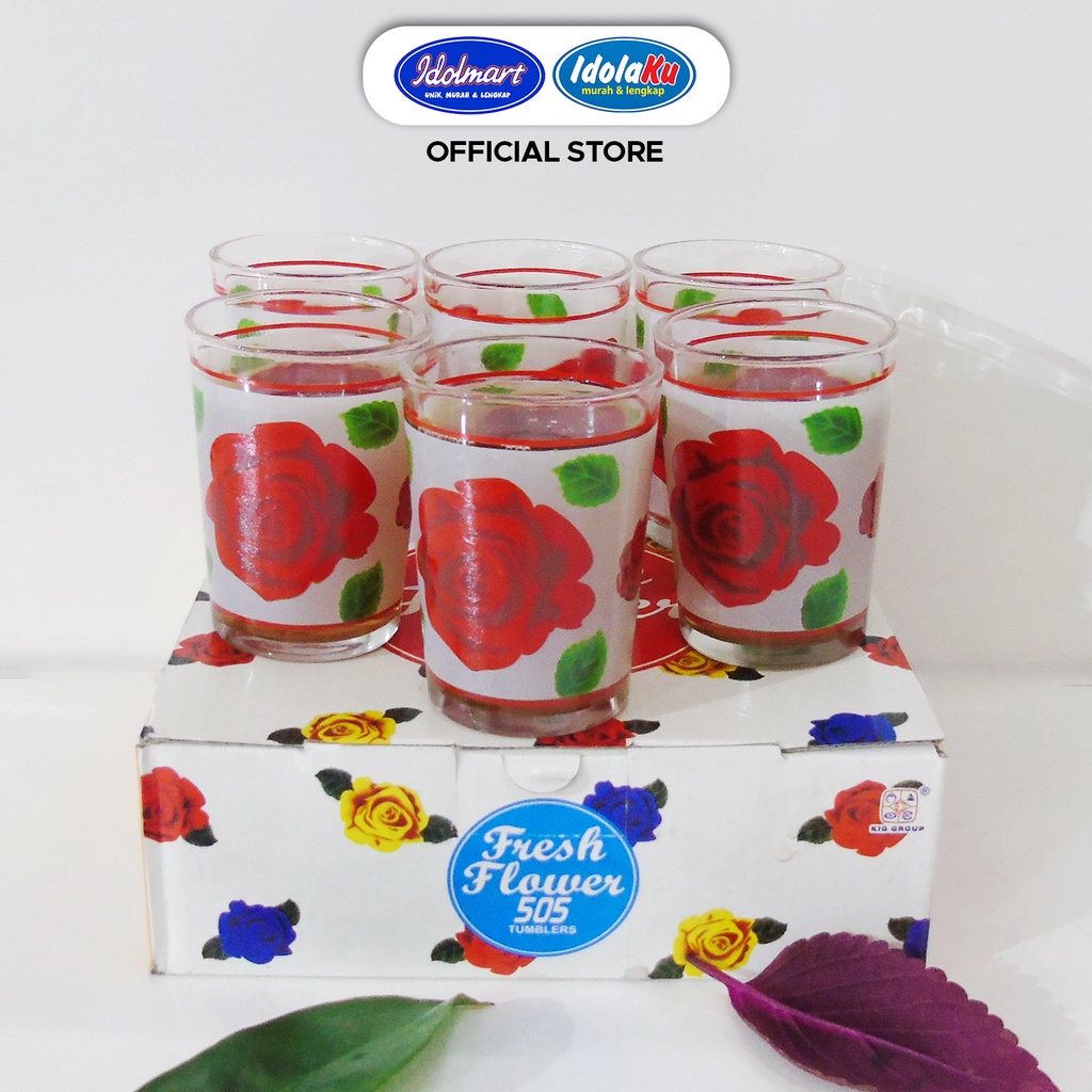 IDOLMART Gelas Kaca Fresh Flowers 505 Isi 6 - Gelas Motif Mawar- Surabaya