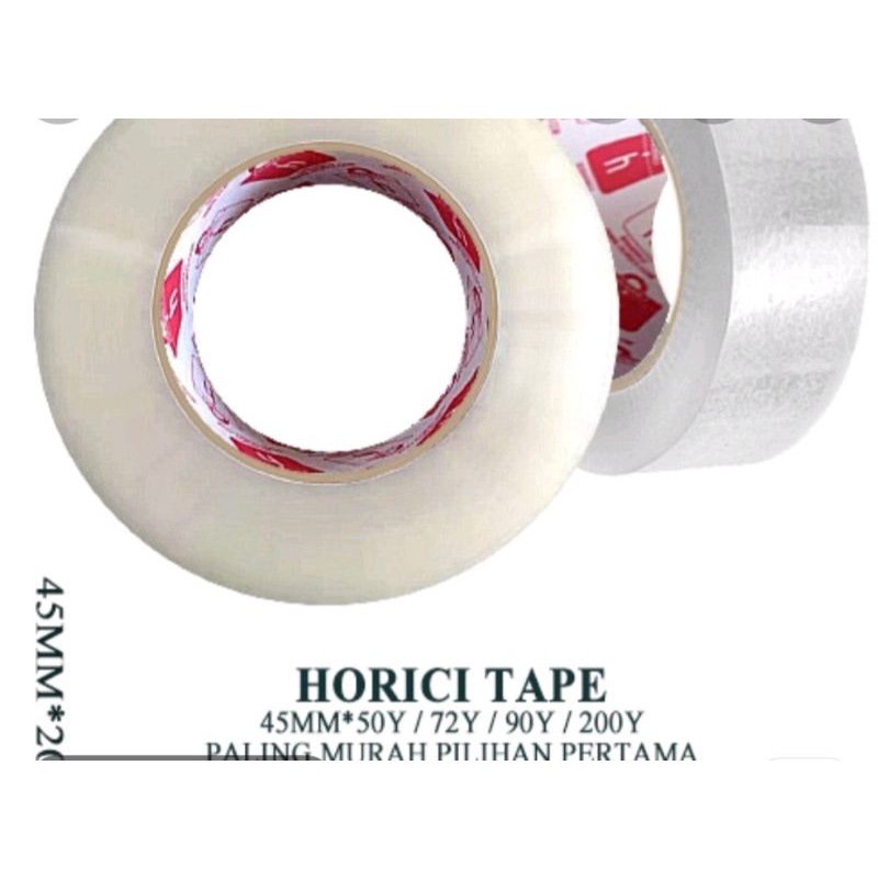 Merek:HORICI TAPE                                                                                                                           Solasi 200 yard Warna : Bening dan coklatLebar : 45mmpanjang : 200YMicron50 MicTypeBENING Super clean