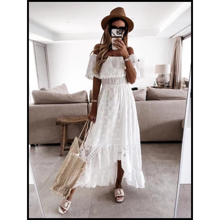 White Sabrina Long Dress Pantai Wanita / Casual Summer Dress Beachwear