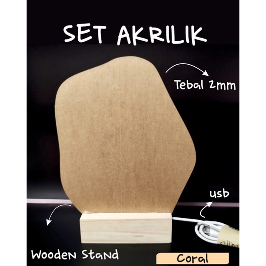 SET AKRILIK POLOS CAT CLEAR 2mm dengan standing kayu / standing led /stand kayu JATI BELANDA