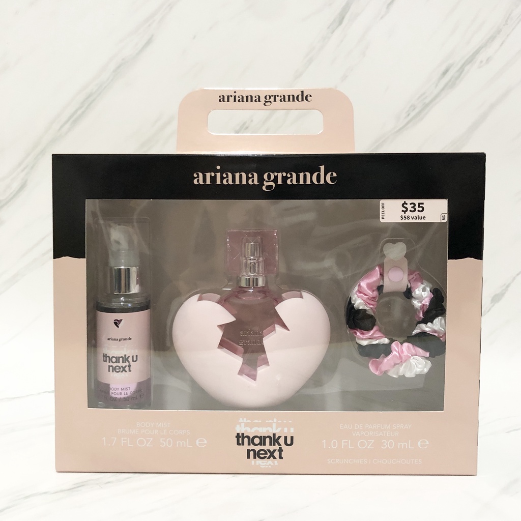 Thank U Next by Ariana Grande Fragrance Gift Set : 30 mL perfume + 50 mL Body Mist + Hair Scrunchies
