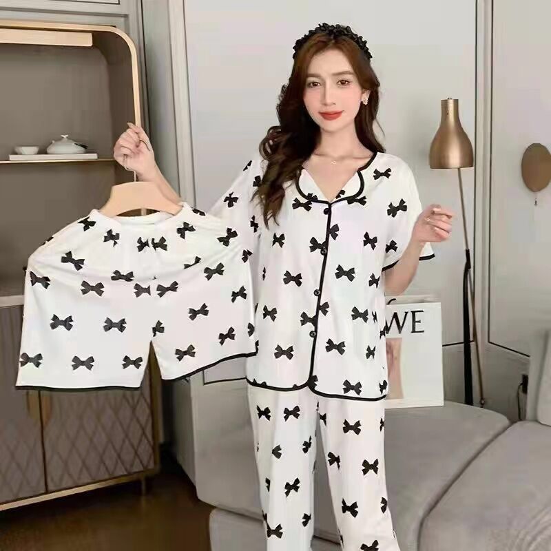 GROSIRTAS TG1523 Set Baju Tidur Wanita Berkerah/Piyama Set Motif 3 IN 1