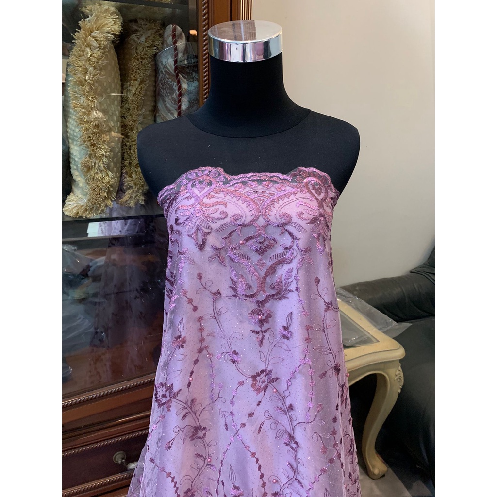 Bahan Kebaya Brokat Tile Bordir Mutiara Glitter Rosemary warna Light Lilac