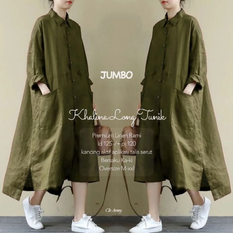 LONG TUNIK JUMBO KATUN LINEN PREMIUM/MIDI DRESS POLOS FULL KANCING DEPAN/TUNIK OVERSIZE/FAR MOSLEMSTORE