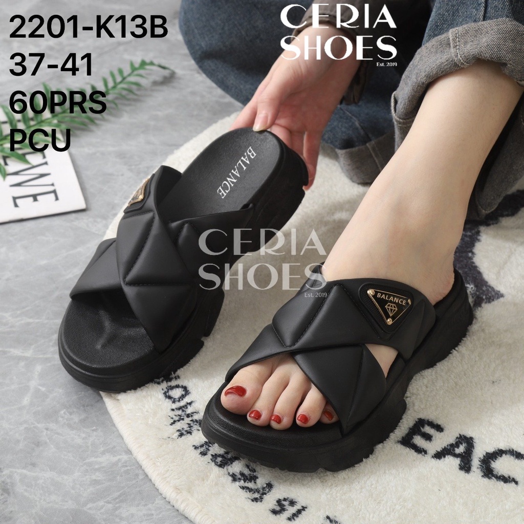 PVC Sandal Slop Wanita Karet Import Hak Tebal Motif Diamond Pin Sol Rubber Anti-Slip Empuk Elastis BALANCE K13