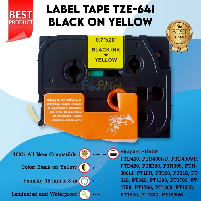 Label Tape Casette Black On Yellow 18mm RL-BR TZ-641 Laminated Printer Brothr PTD400 PTD400AD