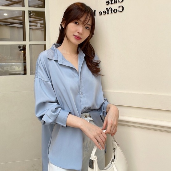 Kadaka T-0498 Kemeja Wanita Oversized Tangan Panjang Satin Pastel