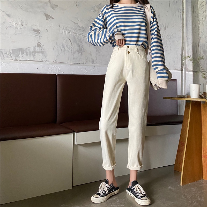 Krem Pinggang Karet Santai Boyfriend Jeans Wanita