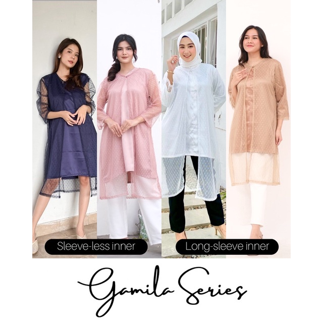 Gamila Series by NAMÈLIS | Dress Tunik Outfit Kondangan Hijab Busui Friendly Bahan Satin Tile Dot