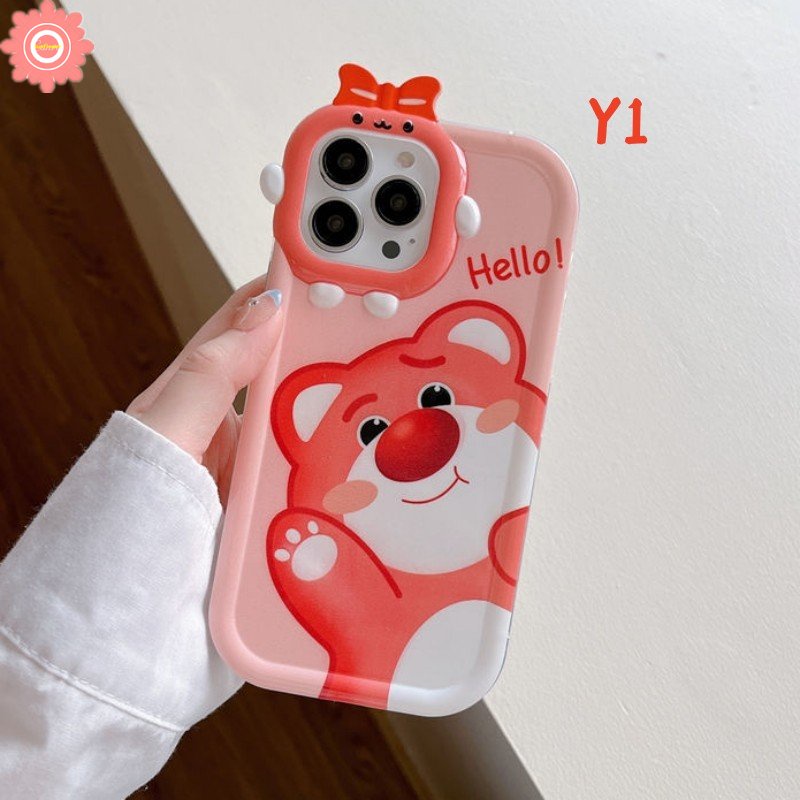 Kartun Strawberry Bear Manyo Case Realme C15 C30 C3 C12 C11 C31 C21 C20 C21Y C35 C33 C25 C25Y C25s 9i 9Pro+9 7i 8 7 5s 8Pro 5i 6i 5 C17 C2 3D Bow Little Monster Lens Lembut Sarung Cover Sarung