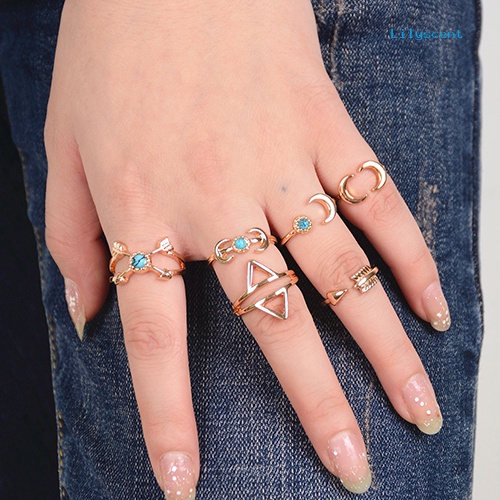 [LS]6Pcs Turquoise Arrow Moon Triangle Above Knuckle Ring Cincin Tumpuk Ujung Jari Tengah