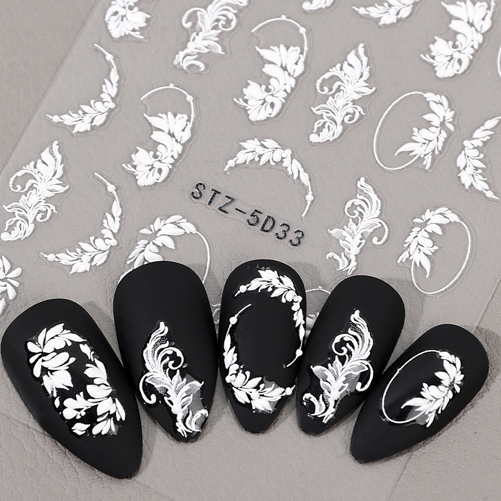 5d Bunga Putih Stiker Kuku Desain Pernikahan Sederhana Salju Timbul Perekat Diri Manicure Slider DIY Kuku Decals Accesories