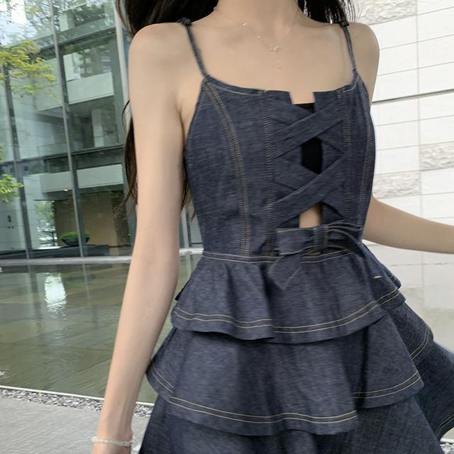 Suhao Dua Setelan Jas Perempuan Sling Ruffle Denim Kue Gaun + Temperamen Boneka Kerah Lengan Pendek Top wanita