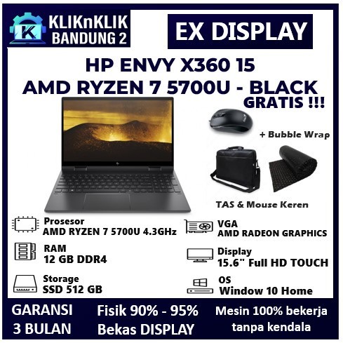 LAPTOP TOUCHSCREEN 2IN1 EX DISPLAY HP ENVY X360 15 AMD RYZEN 7 5700U BLACK