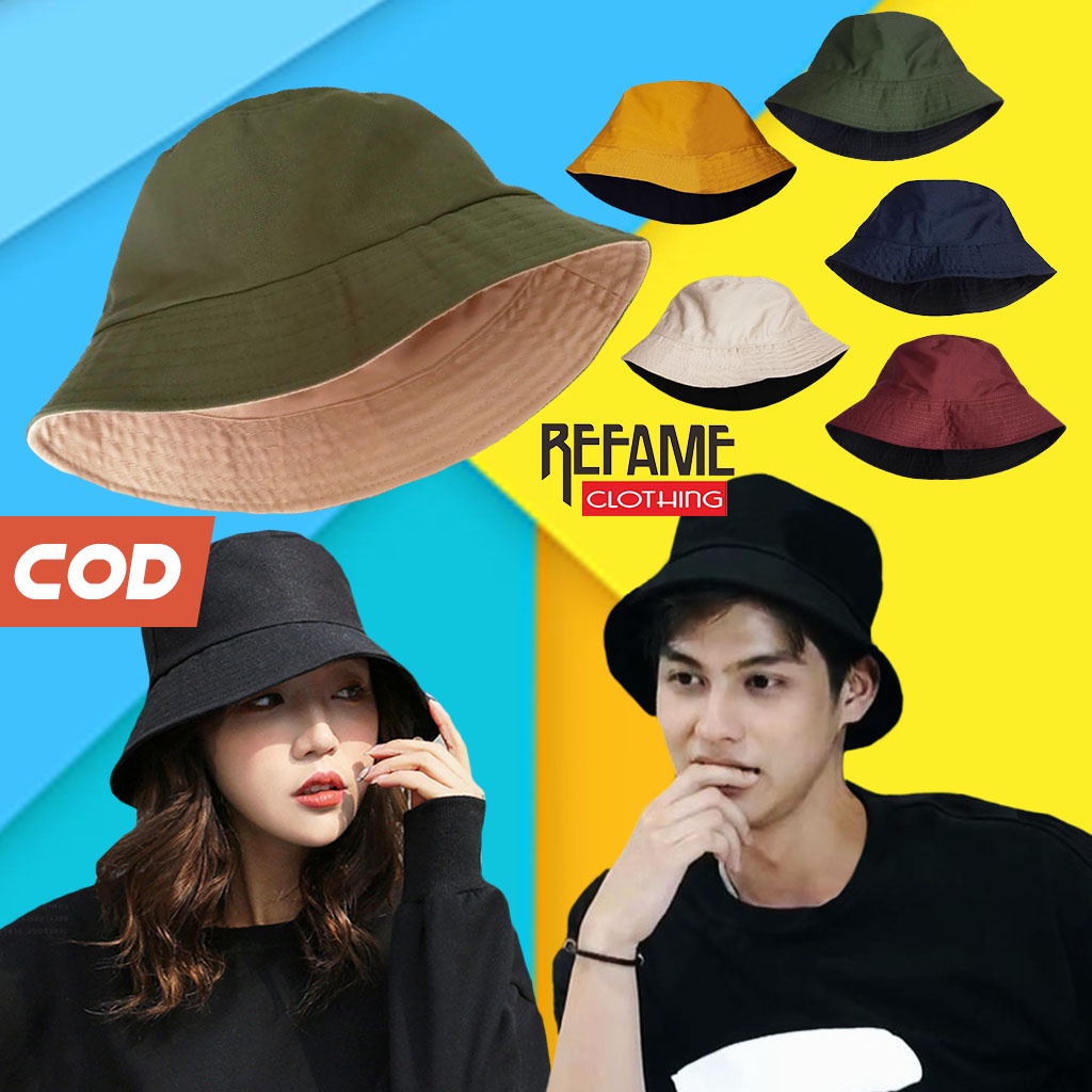 Topi Bucket Hat Bolak Balik Polos 2 Warna Topi Bucket Laki Laki Perempuan Premium