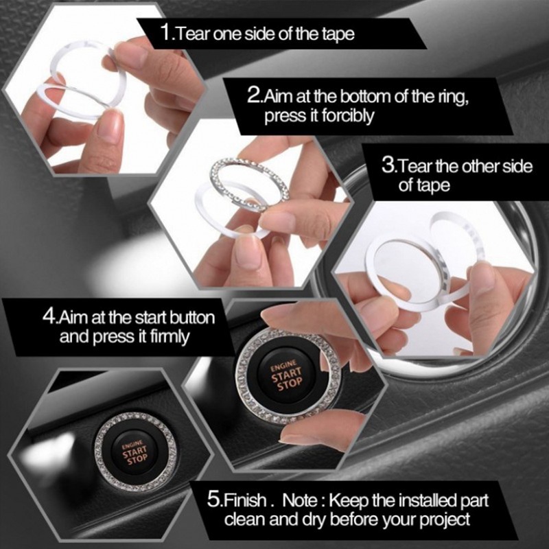 Sparkling Rhinestones Inlay Car Start Button Decorative Ring/Saklar Otomotif Self Adhesive Lingkaran Logam Mewah/Loop Pelindung Kunci Berhenti Kendaraan