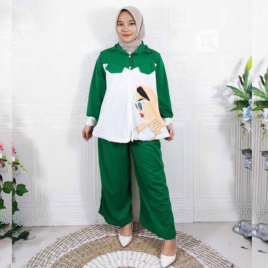 ONE SET WANITA JUMBO KEMEJA LD 110cm DAN CELANA PANJANG MINIGO GADIZ BUSUI FRIENDLY GL FASHION