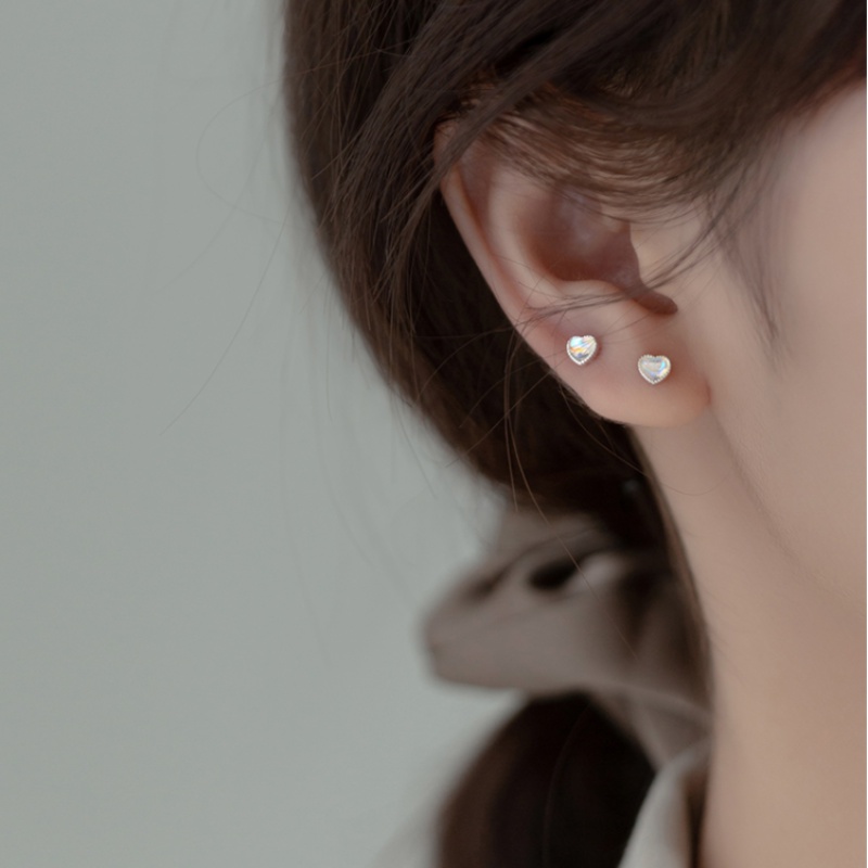 Magic789 Korea Mempesona Biru Moonstone Jantung Anting Sekrup Untuk Wanita Gadis Hypoallergenic Geometris Stud Earring Pakaian Harian Telinga Perhiasan