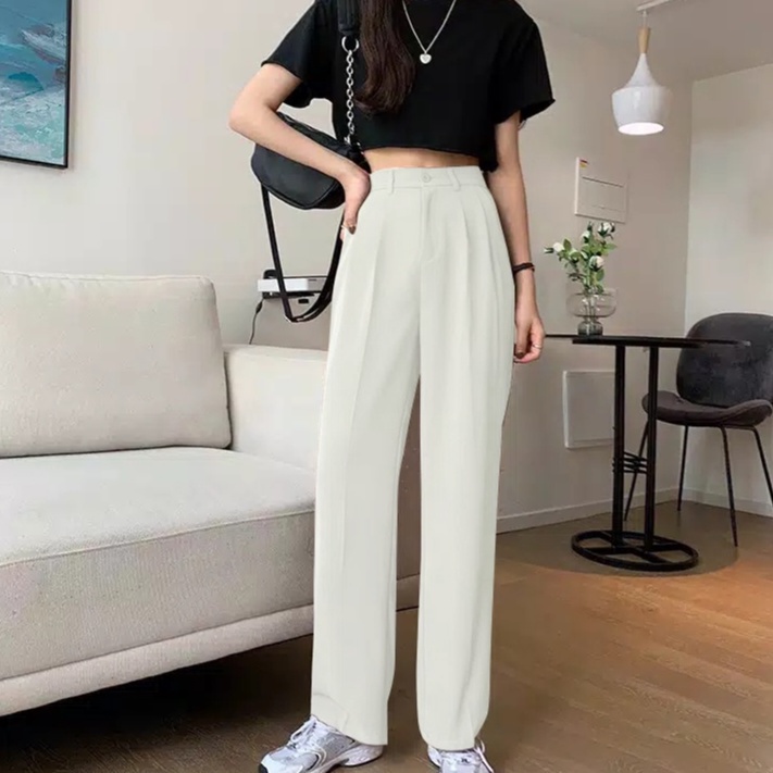LOOSE PANTS TROUSERS CELANA ANTI KUSUT WANITA CELANA KULOT WANITA CELANA KANTOR FORMAL CELANA KERJA WANITA-WHITE