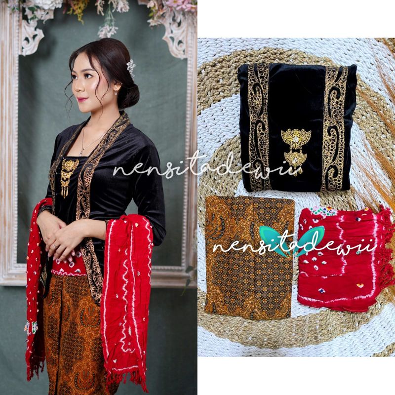 [1 Set, DHT02C] Kebaya Bordir, Jarik Instan + Selendang Jumputan / Model Aulia