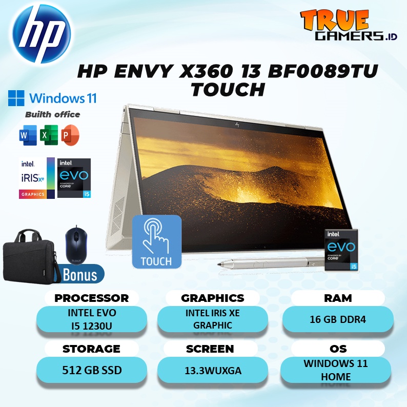 LAPTOP HP ENVY X360 13 BF0089TU TOUCH EVO I5 1230U 16GB 512SSD IRISXE W11+OHS 13.3WUXGA 2IN1 PEN 2YR+ADP SLV