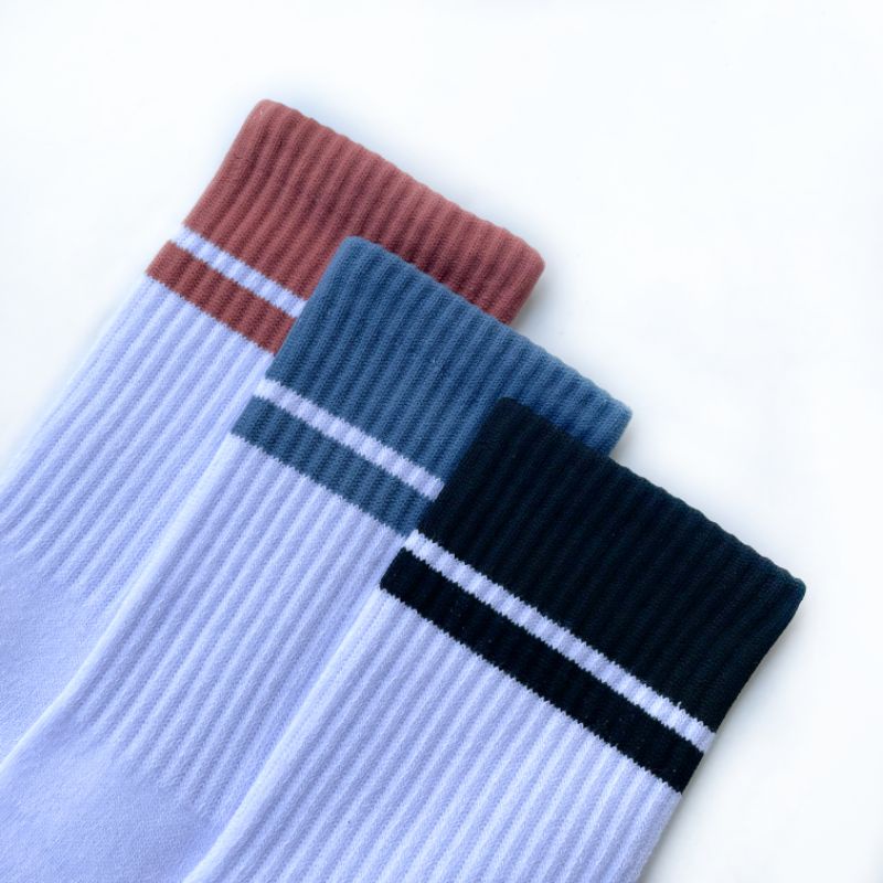 Mildness Kaos Kaki Stripe Motif Stripe Twoline Wanita Pria Socks Coklat Biru Hitam