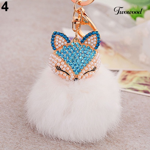 Twowood Hadiah Lucu Bling Berlian Imitasi Rubah Kelinci Fluffy Ball Gantungan Kunci Mobil Key Ring Pendant