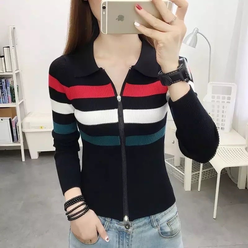 Karen zipper Knite atasan wanita stripe Rajut