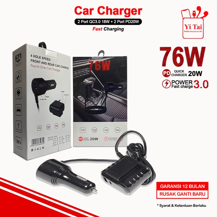 CAR CHARGER YITAI 76W 4 PORT USB 1.8M PD20W QC3.0 -CCG06 - BDC