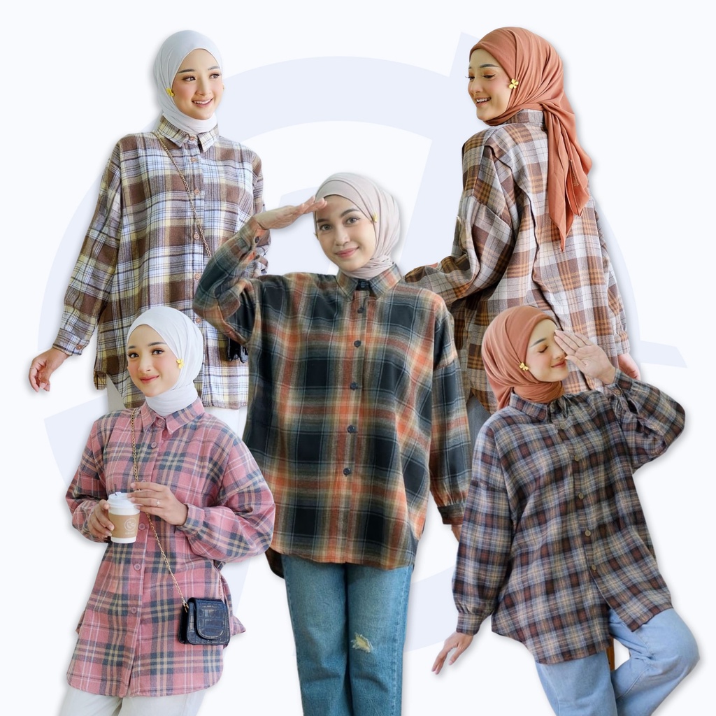 Kemeja Oversize Kotak Baju Atasan Wanita Flanel Kotak-kotakTartan Kekinian Jumbo LD 130 KIDO