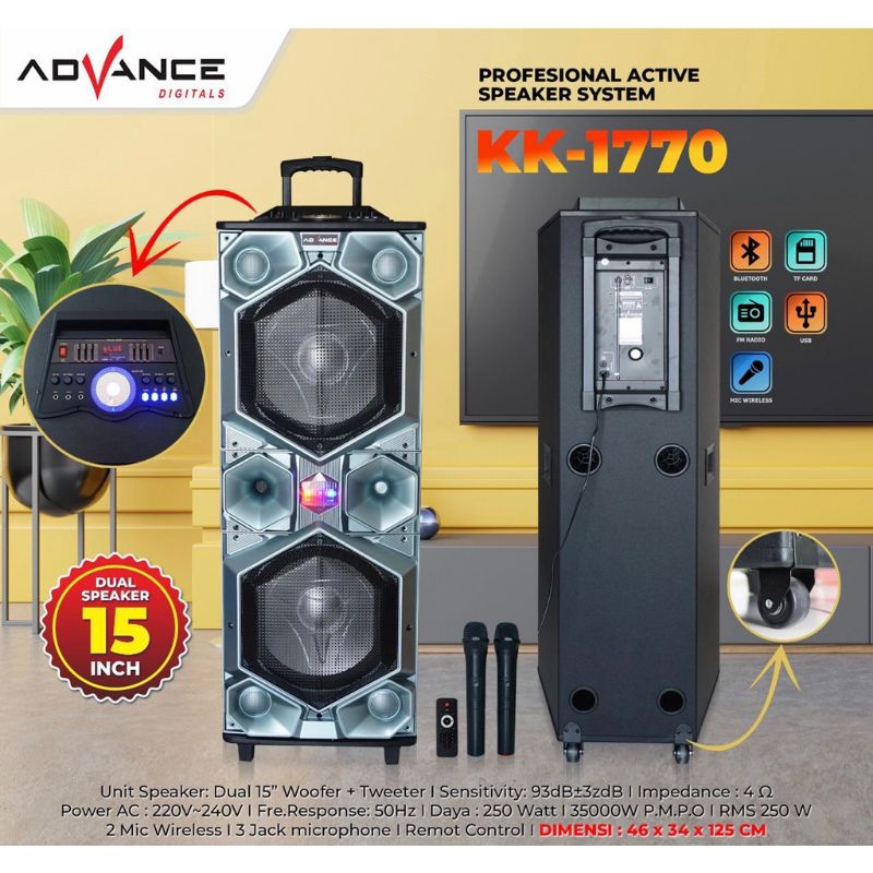 SPEAKER ADVANCE KK-1770 SPEAKER BLUETOOTH  2 X 15 INCH FREE MIC