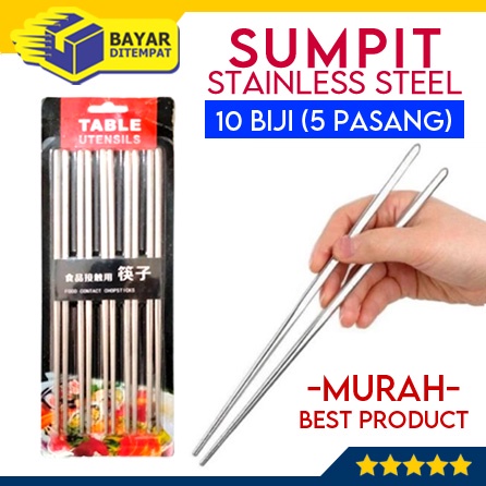 Sumpit Stainless Steel Polos 10 Biji (5 Pasang) Chopstick Jepang Korea China