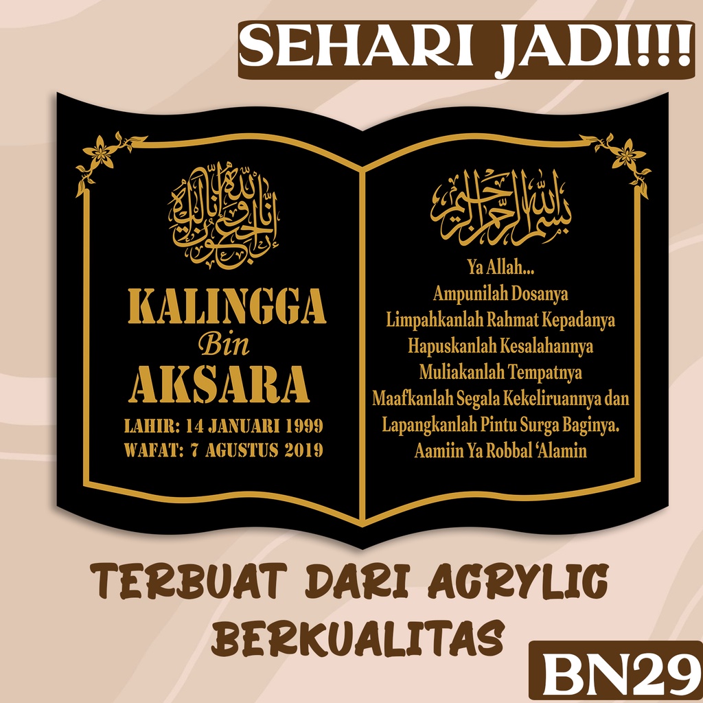 [SEHARI JADI] NAMA NISAN MUSLIM BAHAN AKRILIK CUSTOM | BATU NISAN PRASASTI MAKAM BENTUK BUKU LASER C