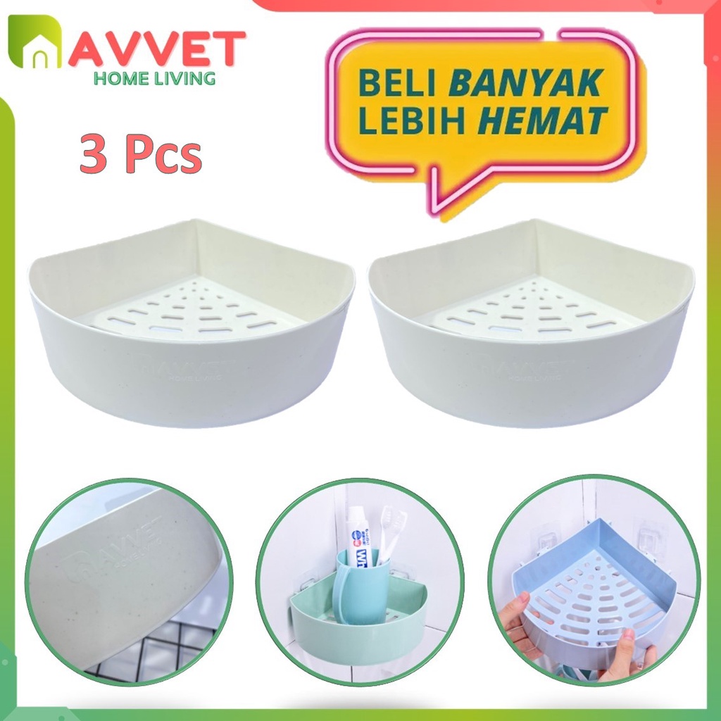 AVVET (PAKET HEMAT) Rak Kamar Mandi Sudut Siku Tempel Plastik Putih 3Pcs