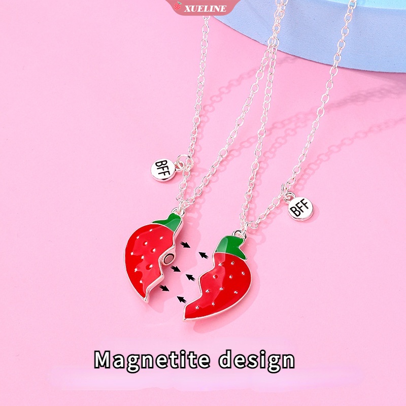 Kalung Strawberry Manis Magnet Batu Teman Baik Teman Baik Kreatif Wanita Kerah Rantai Set Paduan Tetesan Minyak BFF Gadis Aksesoris Hadiah [ZXL]