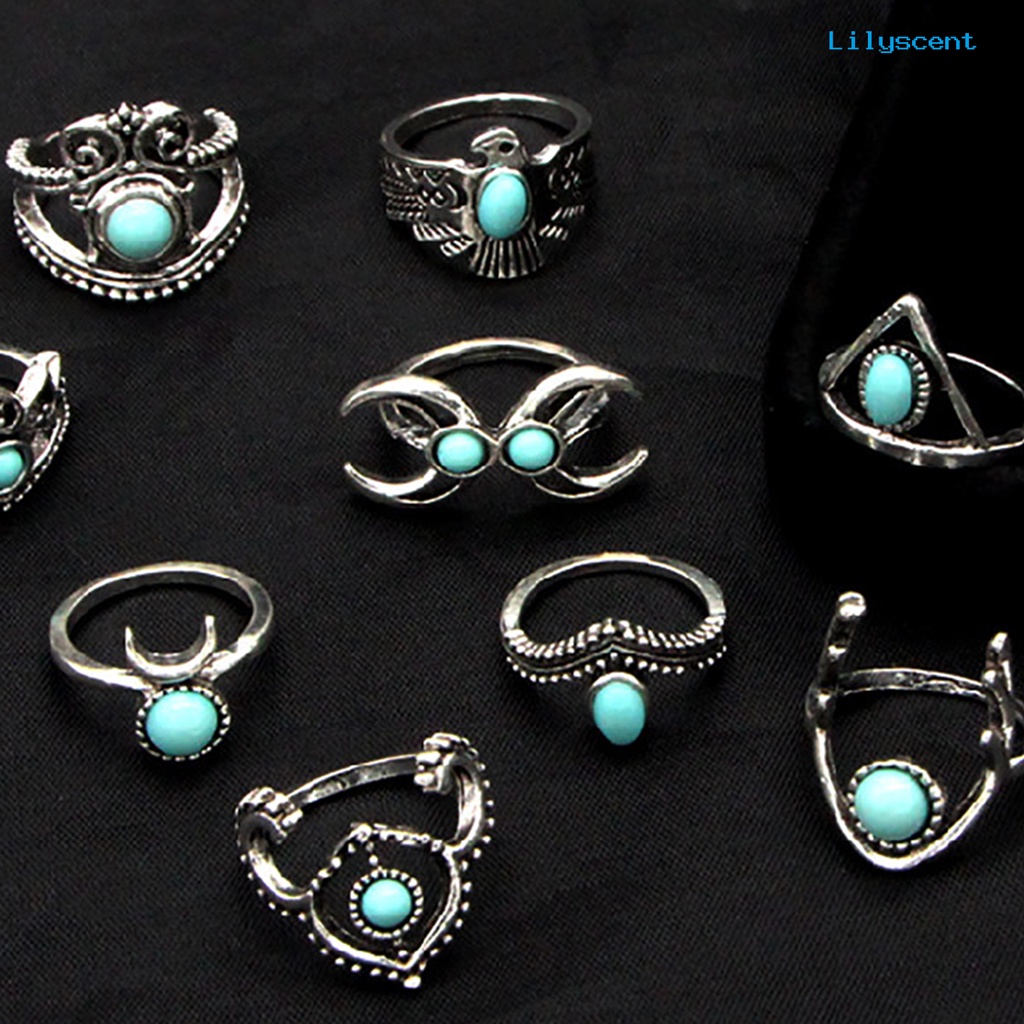 [LS]11 Pcs Berongga Bulu Stackable Knuckle Rings Gaya Etnik Bunga Permata Imitasi Jari Rings Perhiasan Aksesori