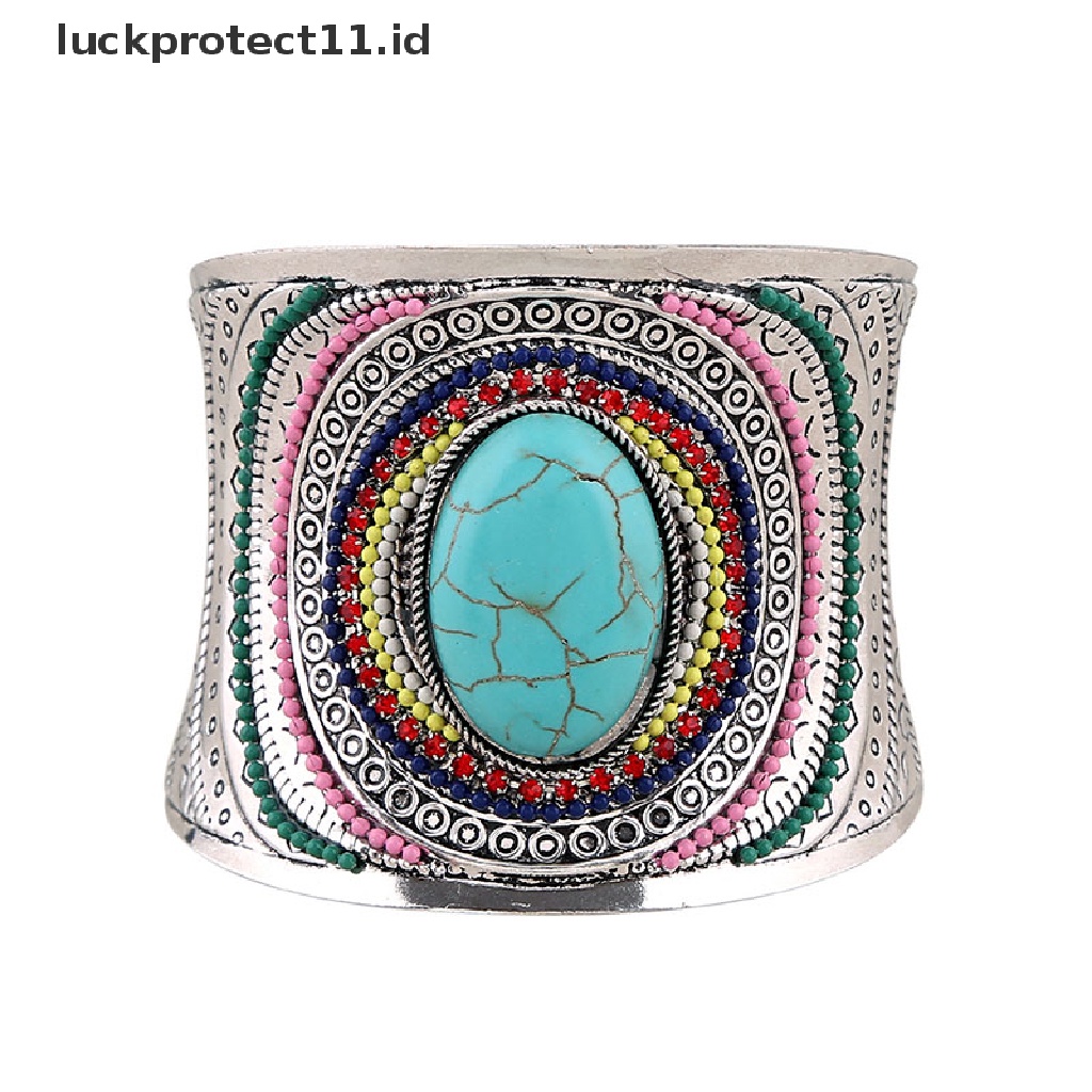 // Fashion Hot///Bohemian Vintage Tibet Perak Turquoise Wanita Pesona Manset Bangle Gelang.