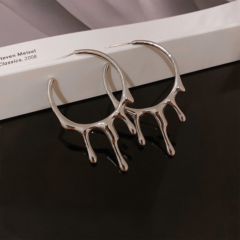 Anting Hoop Besar Punk Gothic Warna Silver Lava Drop Bentuk Tidak Teratur Untuk Wanita Pria Fashion Korea Perhiasan Logam Cair