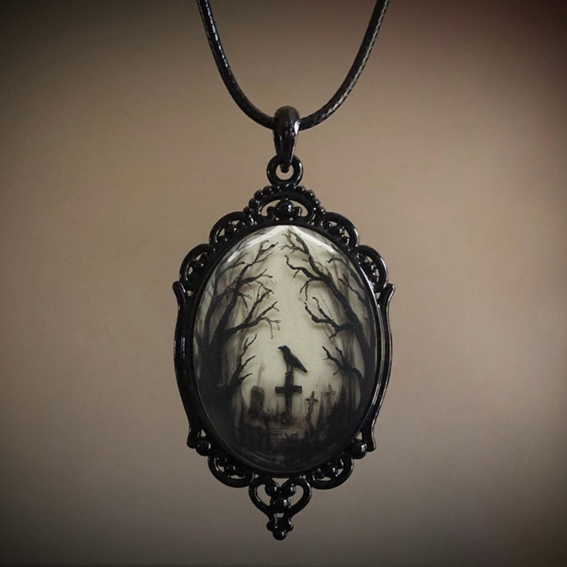 Gothic Hitam Kucing Hutan Pesona Kalung Fashion Penyihir Perhiasan Hadiah Gothic Salib Gagak Kaca Liontin Kalung