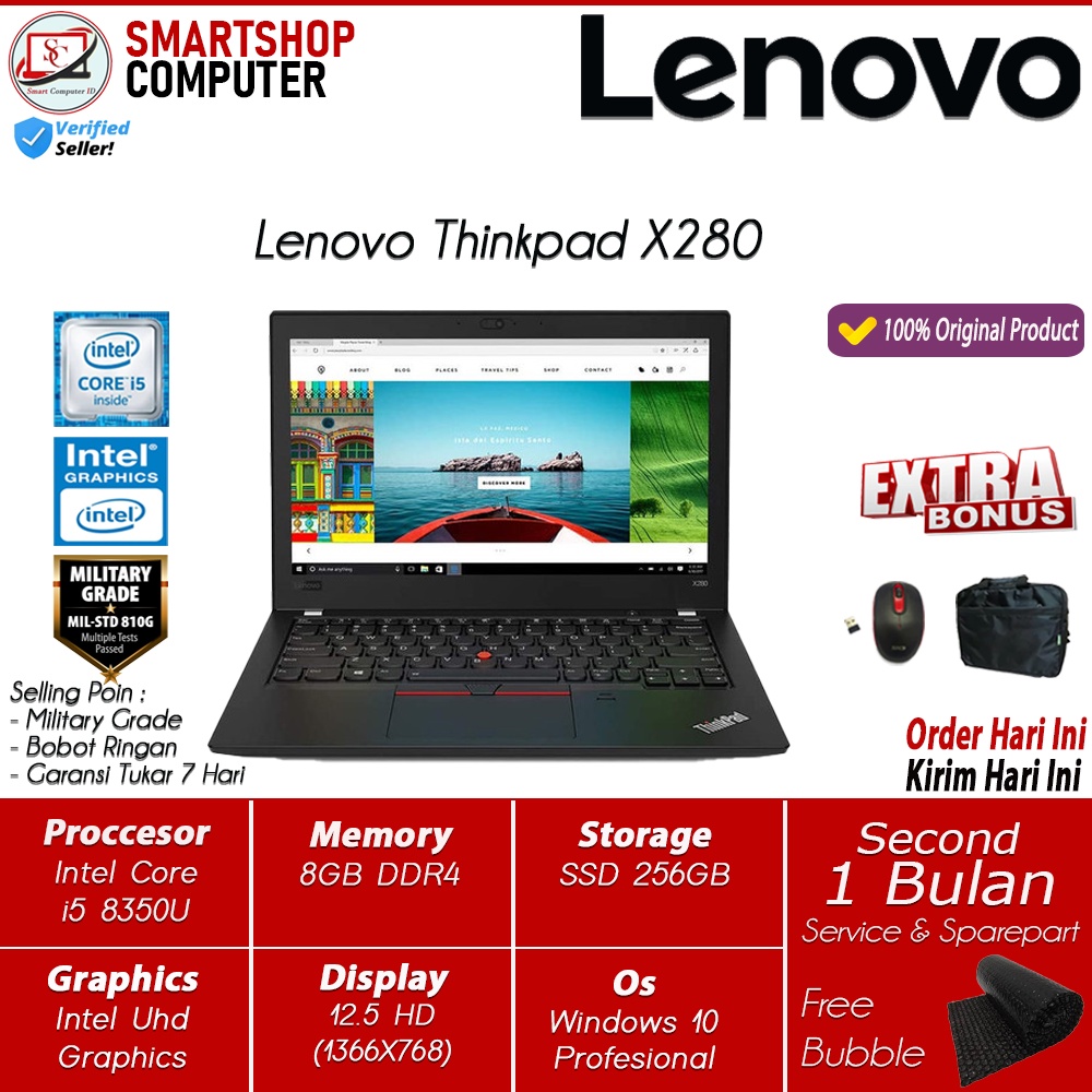 Laptop ultrabook Lenovo Thinkpad X280 i5 GEN 8GB 512GB SSD 12.5 Windows 10 Murah Bergaransi