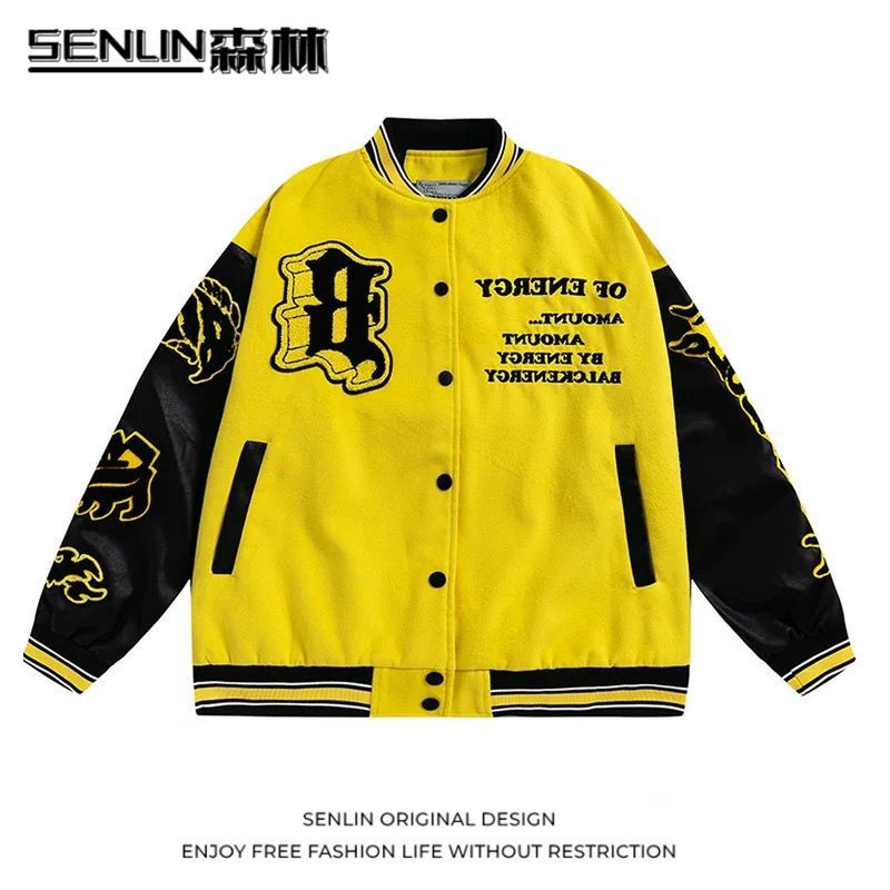 American Retro Jaket Jaket Tebal Bisbol Seragam Nasional Api Ditempel Kain Sulaman Bordir Pria dan W