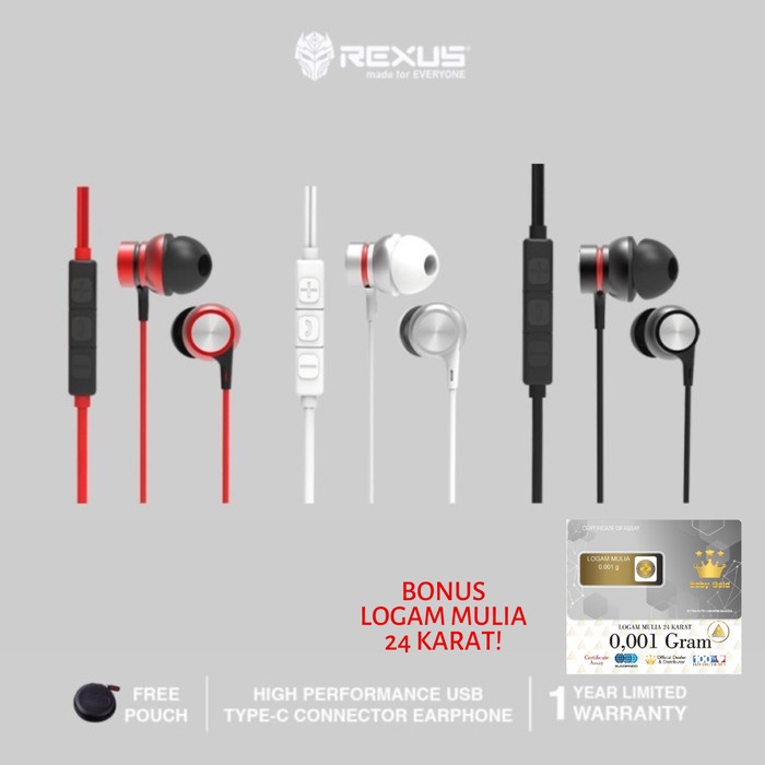 Rexus  Earphone Headset Rexus EZ3 Type C Connector with Mic